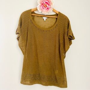 Garnet Hill Short Sleeve Open Weave Lace Detail Cashmere Sweater Medium